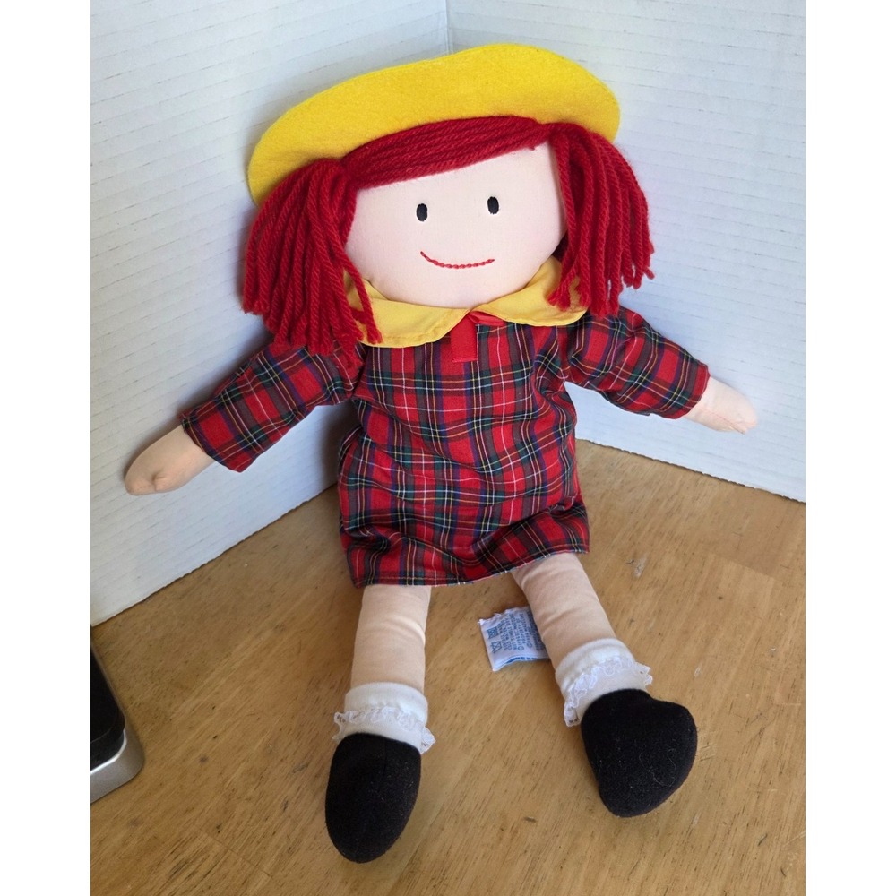 Vintage Eden Toys Madeline Rag Doll Red Yarn Hair Plaid Dress Yellow Hat 15 inch